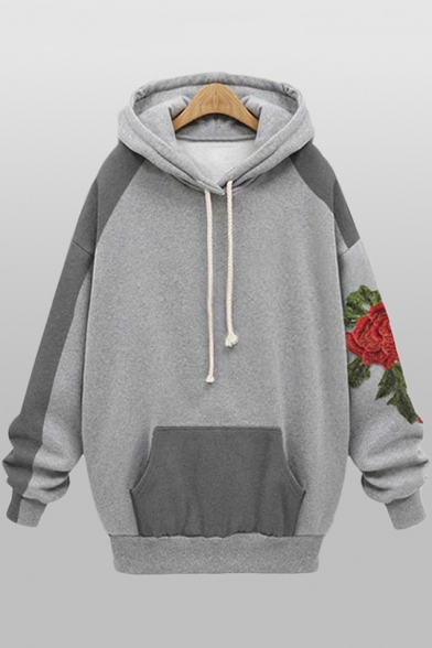 Chic Floral Embroidery Long Sleeve Colorblock Grey Drawstring Hoodie