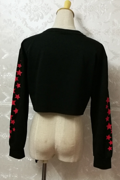 Chic Simple Star Pattern Round Neck Long Sleeve Black Cropped Sweatshirt