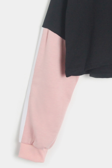 Color Block Tape Long Sleeve Half-Zip Stand Collar Cropped Black Sweatshirt