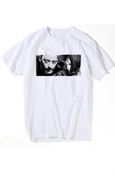Cool Film Killer Character Printed White Round Neck Short Sleeve Tee