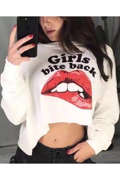 Cool Mouth Letter GIRLS BITE BACK Printed Long Sleeve Cropped Casual Sweatshirt