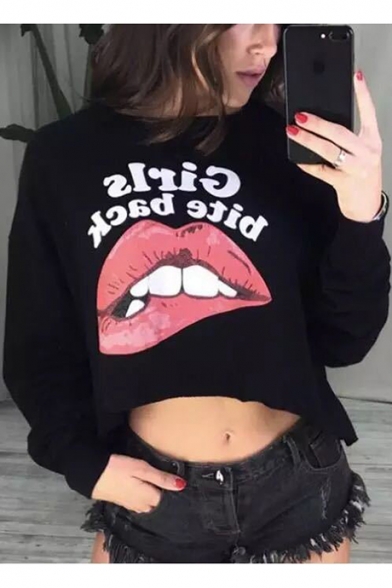 Cool Mouth Letter GIRLS BITE BACK Printed Long Sleeve Cropped Casual Sweatshirt