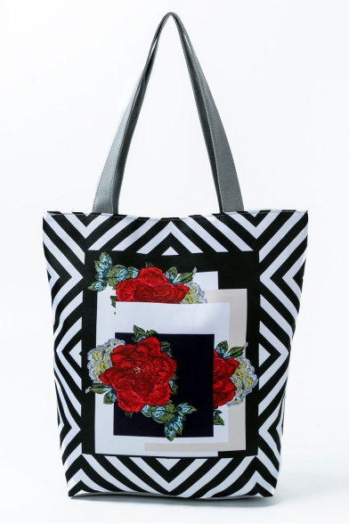 Creative National Style Geometric Floral Printed Black and White Tote Shopper Bag 27*11*38 CM