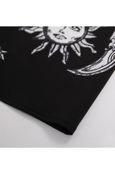 Fashion Cartoon Sun and Moon Pattern V-Neck Button Front Girls Black Mini Slip Dress