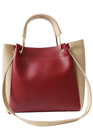 Fashion Color Block Large Capacity PU Leather Satchel Shoulder Bag 26*25*12 CM