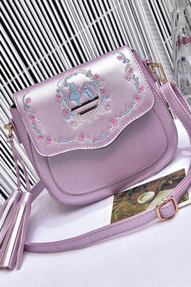 Fashion Floral Embroidery Tassel Embellishment Crossbody Saddle Bag 19*8*17 CM
