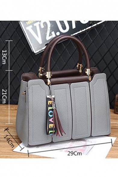 Fashion Plain Leather Patched Letter Ribbon Tassel Embellishment Work Satchel Tote Handbag 29*14*21 CM