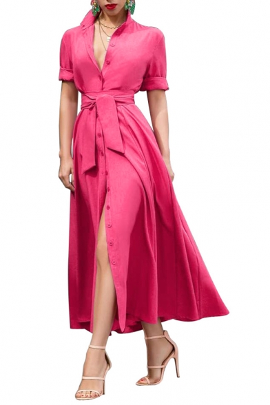 Fashion Sexy Plunge Neck Short Sleeve Plain Bow-Tied Waist Split Hem Button Midi A-Line Rose Red Dress