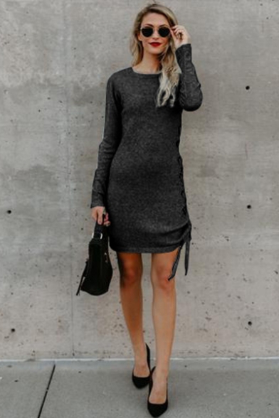 Fashion Simple Plain Round Neck Long Sleeve Lace-Up Tied Side Mini Sheath Dress