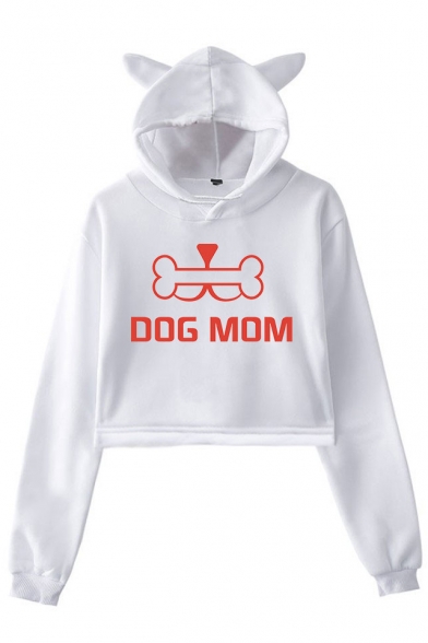 Funny Bone Letter DOG MOM Printed Cute Ear Design Cropped Casual Hoodie