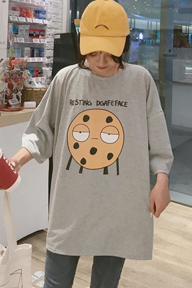 Funny Letter Cartoon Face Printed Girls Summer Round Neck Oversized T-Shirt