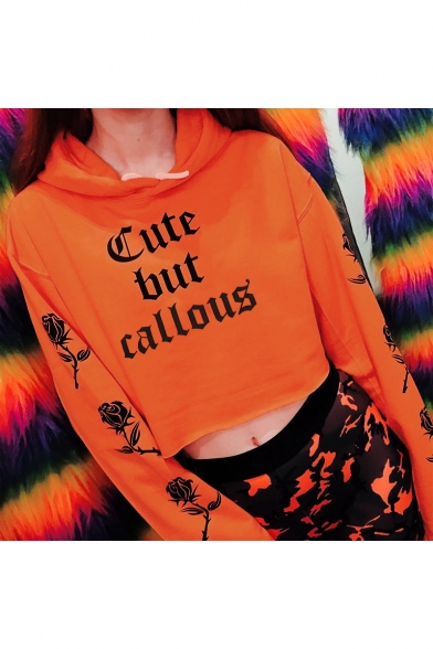 Girls Cool Street Style Letter CUTE BUT CALLOUS Print Floral Long Sleeve Orange Crop Hoodie