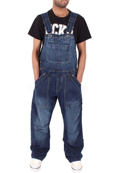 Guys Cool Bleached Washed Blue Casual Loose Baggy Denim Bib Overalls