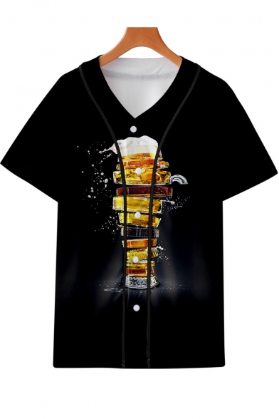 Guys Summer Cool Unique 3D Beer Printed Short Sleeve V-Neck Button Down Black Baseball Shirt