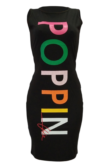 Hot Fashion POPPIN Letter Black Round Neck Sleeveless Midi Bodycon Dress