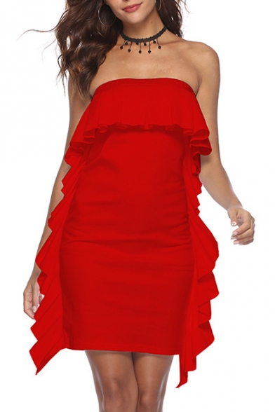 Hot Fashion Simple Plain Strapless Ruffled Hem Mini Bodycon Bandeau Dress