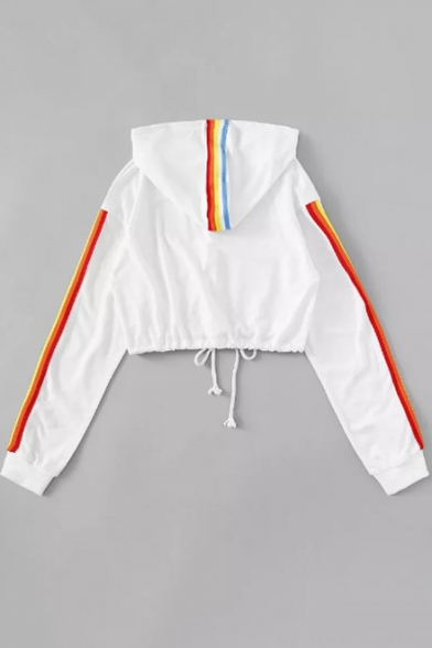 white hoodie with rainbow stripes