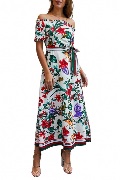 Off The Shoulder Short Sleeve Floral Printed Bow-Tied Waist Split Side Midi A-Line Dress