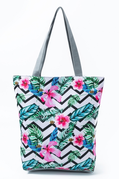 Large Capacity Floral Leaves Wavy Stripe Printed Green Canvas Shoulder Bag 27*11*38 CM
