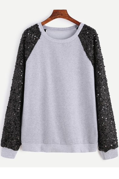 Light Gray Round Neck Sequined Raglan Long Sleeve Pullover Sweatshirt