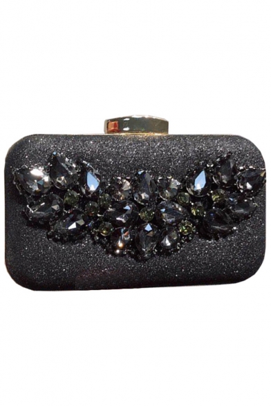 Luxury Solid Color Rhinestone Embellishment Black Clutch Evening Bag