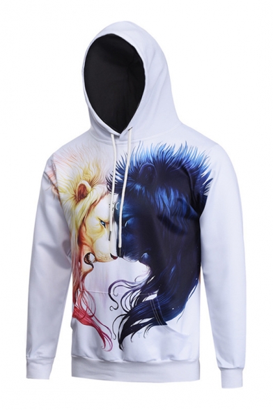 Men's Lion 3D Print Long Sleeve White Hoodie with Pocket