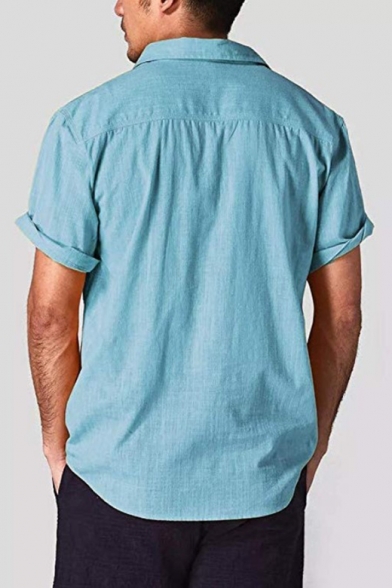 Mens Basic Simple Plain Button Lapel Collar Short Sleeve Relaxed Fit Linen Shirt