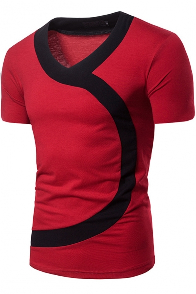 Mens Fashion Unique Irregular Colorblock V-Neck Short Sleeve Slim T-Shirt