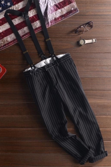 Mens Trendy Simple Plain Rolled Cuff Tapered Trousers Suspender Pants