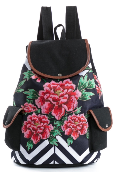 National Style Floral Wavy Stripe Printed Black School Backpack with Side Pockets 28*11*39 CM