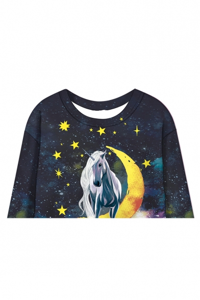 Navy Galaxy Moon Star Unicorn Printed Round Neck Long Sleeve Cropped Sweatshirt