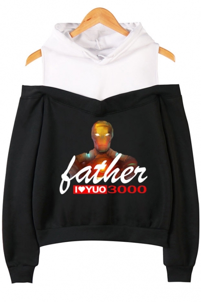 New Stylish Iron Figure Letter FATHER I LOVE YOU 3000 Cold Shoulder Pullover Hoodie