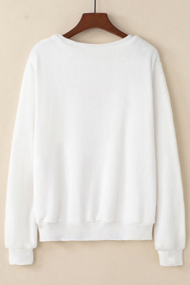 New Trendy Night Owl Printed Round Neck Long Sleeve Coral Fleece White Sweatshirt