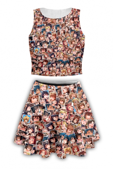 Popular Ahegao Comic Girl Printed Sleeveless Tank Top with Mini Skirt Two-Piece Set