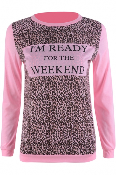 Popular Leopard Letter I'M READY FOR THE WEEKEND Pattern Round Neck Leisure Sweatshirt