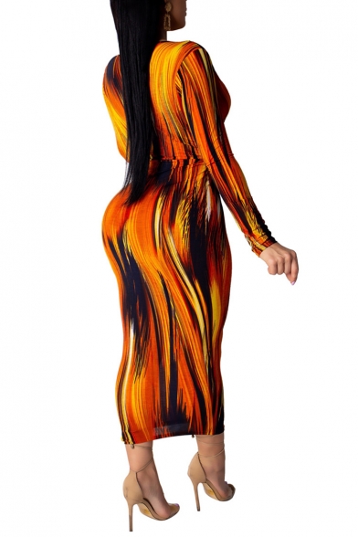 Sexy Plunge Neck Long Sleeve Tie Dye Striped Maxi Orange Pencil Dress