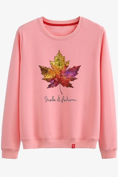 SHADE OF AUTUMN Letter Maple Leaf Printed Round Neck Long Sleeve Sweatshirt