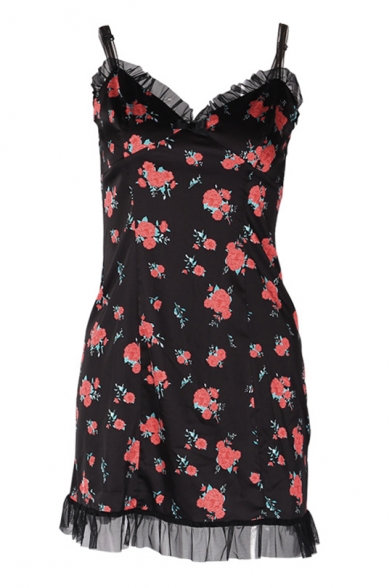 Summer Chic Floral Pattern Mesh Panel V-Neck Mini Black Strap Dress for Girls