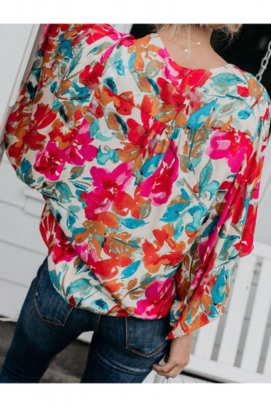 Summer Chic Rose Red Floral Printed Button Down V-Neck Casual Loose Blouse Top