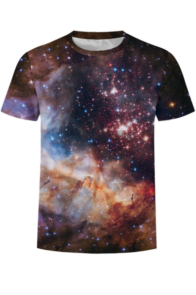 Summer Chic Universe Starry Galaxy Pattern Short Sleeve Round Neck T-Shirt