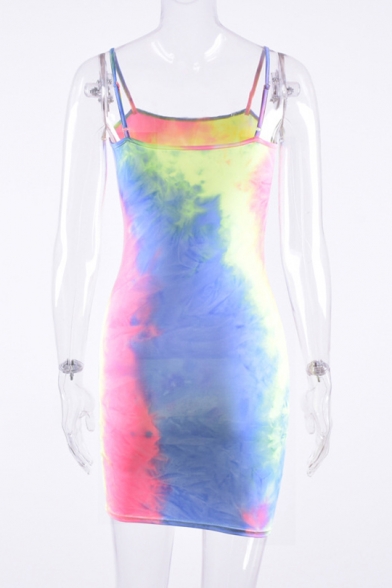 Summer Fashion Colorful Tie Dye Spaghetti Straps Mini Bodycon Cami Dress for Women