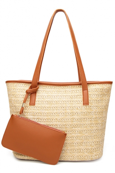 Summer Fashion Plain Straw Beach Bag Tote Bucket Bag with Purse for Women 33*16*27 CM
