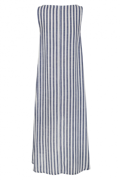 Summer Fashion Vertical Striped Printed Round Neck Sleeveless High Low Hem Swing Asymmetrical Dress