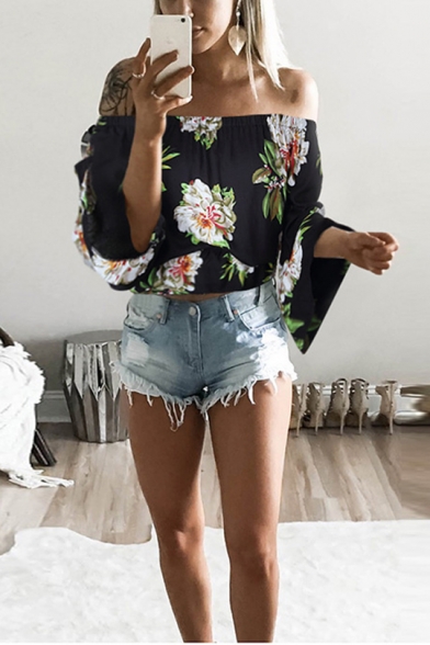 Summer Hot Popular Fashion Floral Printed Sexy Off the Shoulder Blouse Top