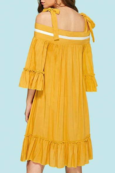Summer Hot Popular Ginger Bow-Tied Strap Cold Shoulder Pleated Midi Swing Ruffle Dress