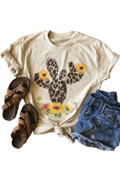 Summer Lovely Round Neck Short Sleeve Cactus Floral Print Beige T-Shirt For Women