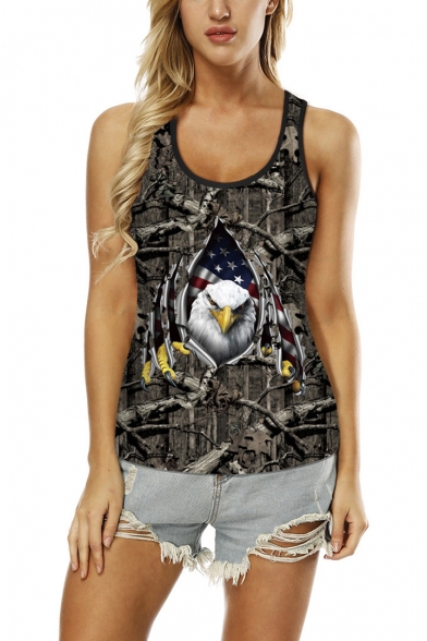 Summer New Stylish Eagle Printed Scoop Neck Sleeveless Cutout Back Brown Tank For Women