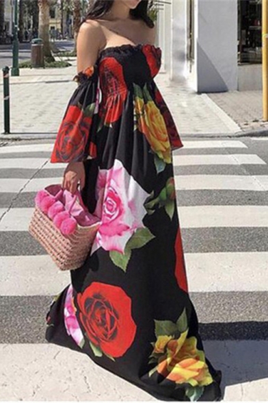 Summer Popular Chic Floral Printed Off the Shoulder Puff Sleeve Maxi Floor Length Flared Dress