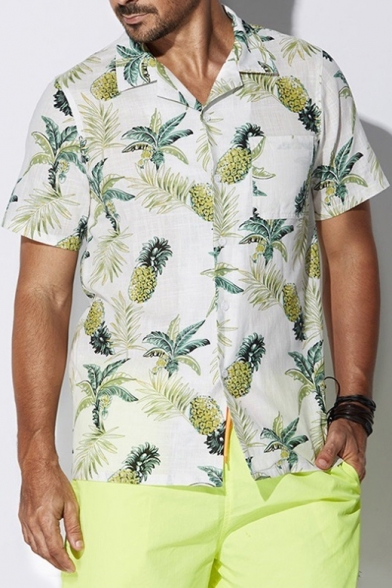 Summer Trendy Allover Pineapple Print Short Sleeve Lapel Collar Beach Camp Shirt for Men
