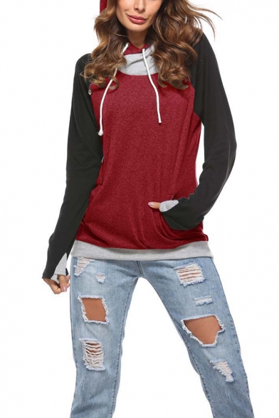 Trendy Color Block Simple Solid Color Button Embellished Long Sleeve Drawstring Hoodie